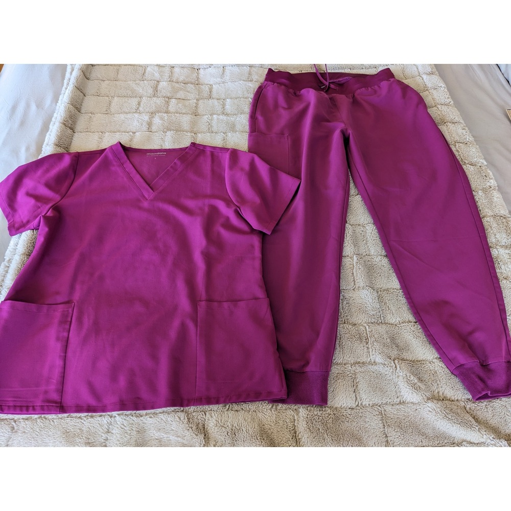 Mandala Women Berry Purple Scrub Set V-Neck Top Jogger Pants Equa-Tek Size Large